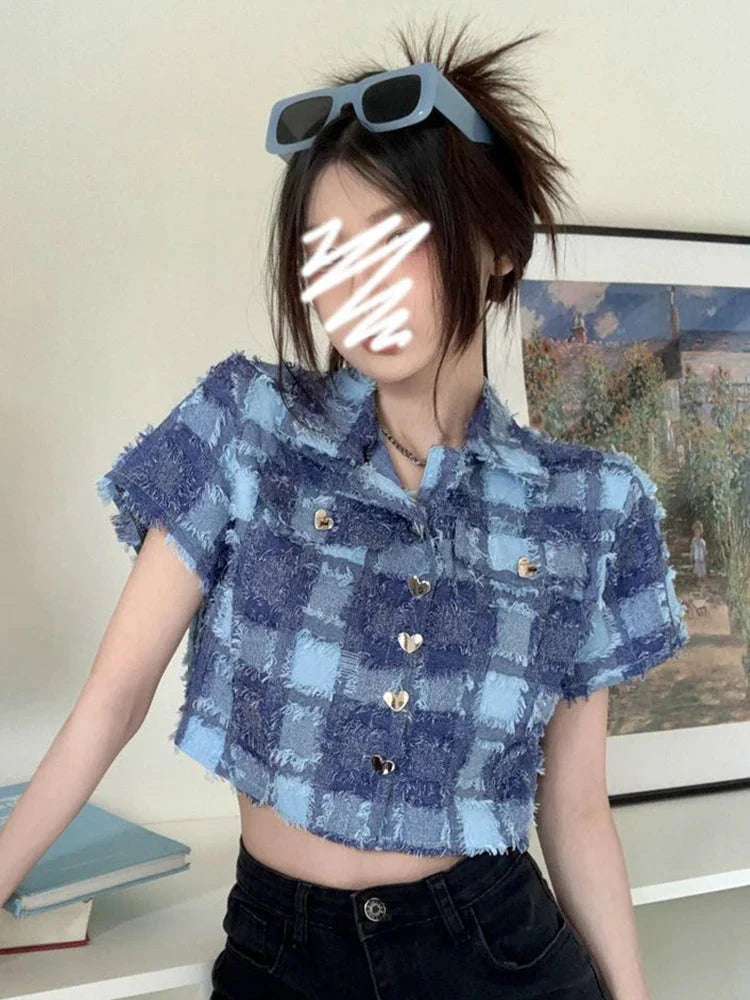 Tassel Cropped Plaid Shirt Vintage Streetwear Short Sleeve Blouse Casual Retro American Short Y2K Tops