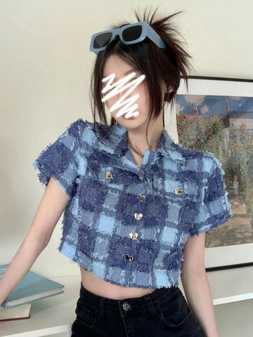 Tassel Cropped Plaid Shirt Vintage Streetwear Short Sleeve Blouse Casual Retro American Short Y2K Tops