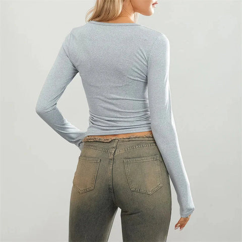 y2k Crop Tops Solid Color Round Neck Long Sleeve Tshirt 2000s Tees Casual Clothing Streetwear