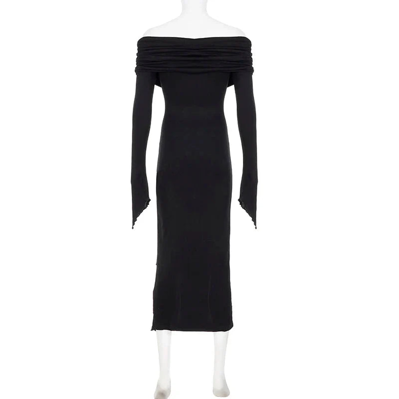 French Elegant Off Shoulder Midi Dress Y2K Black Gothic Irregular Split Long Sleeve Dress Ladies Beach Slim Party Vestidos