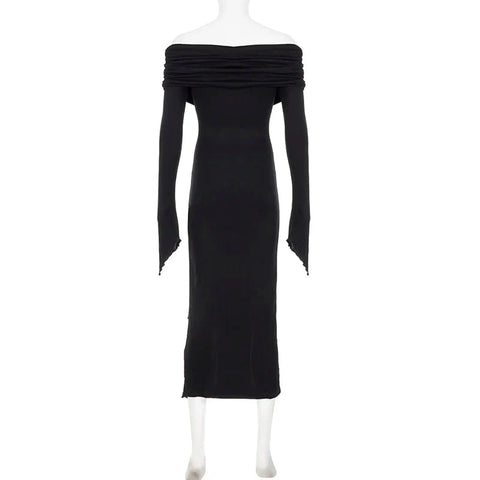 French Elegant Off Shoulder Midi Dress Y2K Black Gothic Irregular Split Long Sleeve Dress Ladies Beach Slim Party Vestidos