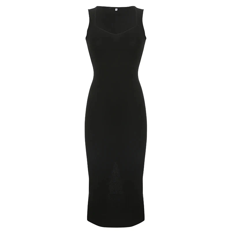 Basic Knit Long Dress Korean Square Collar Sleeveless Dresses Casual Y2k Vintage All-match Outftis