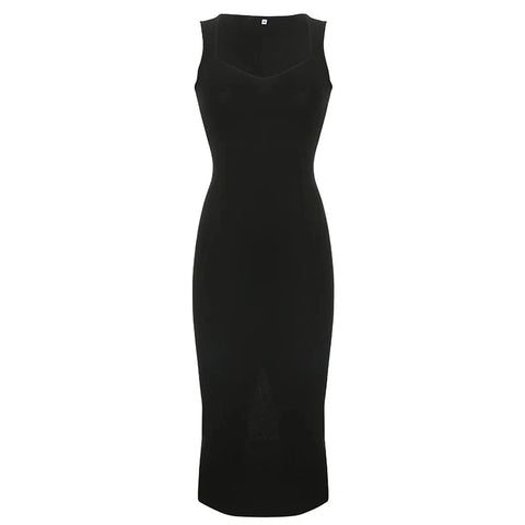Basic Knit Long Dress Korean Square Collar Sleeveless Dresses Casual Y2k Vintage All-match Outftis
