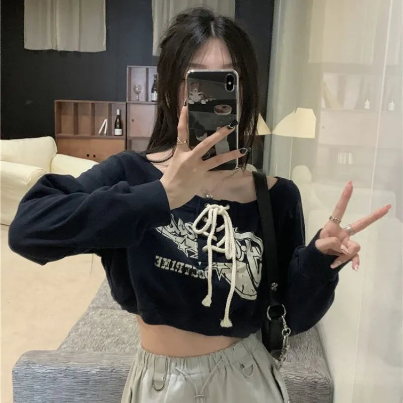 Deeptown Coquette Japanese Y2k Off Shoulder Sweatshirts Kpop Vintage Graphic Hoodies Korean Long Sleeve Beige Crop Outfits