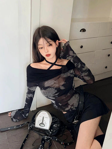 Voguable Harajuku Retro Tie Dye Mesh Tops Flare Sleeve Lace Up T Shirt Y2k Vintage Crop Tops Streetwear Japanese 2000s E Girls Top