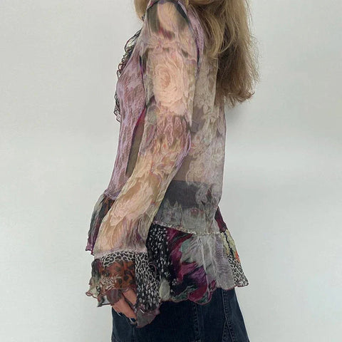 Vintage Transparent Crop Top with Slit 90s Mesh Print Ruffles Patchwork Full Sleeve Bandage T-shirt Grunge y2k Tees