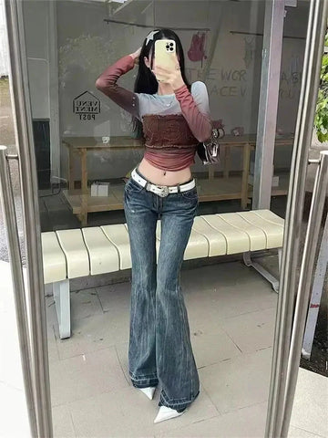 American High Street Spicy Girls Low Waist Jeans Vintage Y2k Design Sense Slim Fit Straight Tube Micro Flare Pants