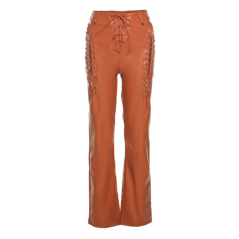 Lace Up PU Leather Pants Chic High Waist Hollow Out Y2K Drawstring Bandage Cut Out Gothic Faux Leather Trousers