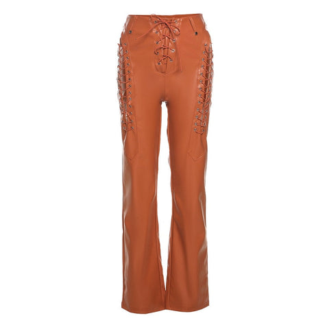 Lace Up PU Leather Pants Chic High Waist Hollow Out Y2K Drawstring Bandage Cut Out Gothic Faux Leather Trousers