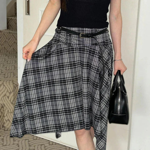 Preppy Style Plaid Print Skirt Grey Low Rise Loose Irregular A-line Midi Skirts Harajuku Clothes y2k Streetwear New