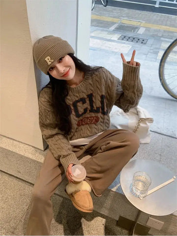 Korean trendy retro letter twist sweater for loose lazy style sweater long sleeves clothing y2k tops