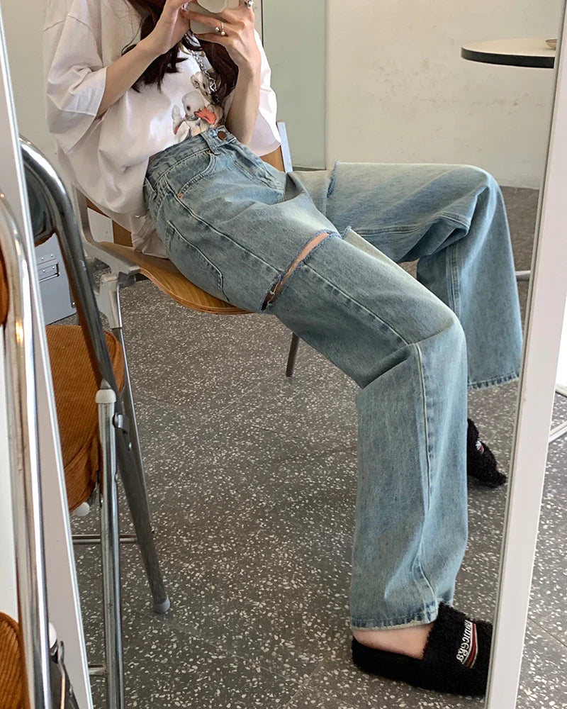 High Waist Ripped Straight Jeans Blue Denim Trousers Y2k Korean Clothing Streetwear Baggy Pants