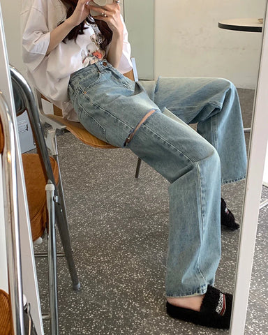 High Waist Ripped Straight Jeans Blue Denim Trousers Y2k Korean Clothing Streetwear Baggy Pants