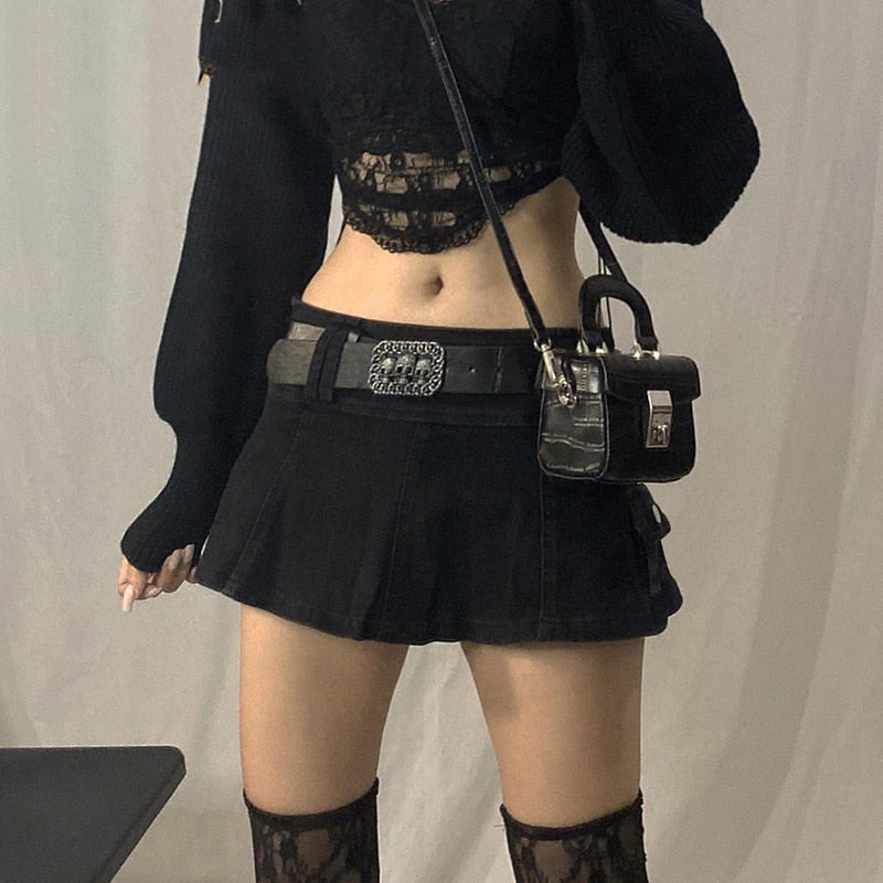 Pastel Goth Low Waist Black Micro Skirts Y2K Streetwear Pockets Patchwork A-line Skirt E-girl Aesthetics Outfits Zipper