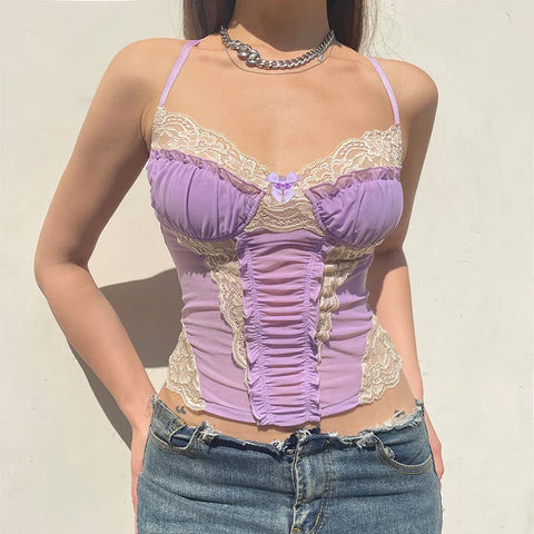 Voguable  y2k Lace Patchwork Purple Coquette Mesh Corset Backless Criss-cross Halter Camis Sweet Aesthetic Crop Top