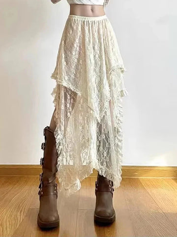 Asymmetrical Lace Skirt Vintage Y2K Aesthetic High Waist Mid Skirts Ladies Holiday Outfits New