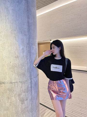Pink Silver Reflective Shiny Patent Leather Mini Skirts for High Waist A Line Short Y2K Clothes