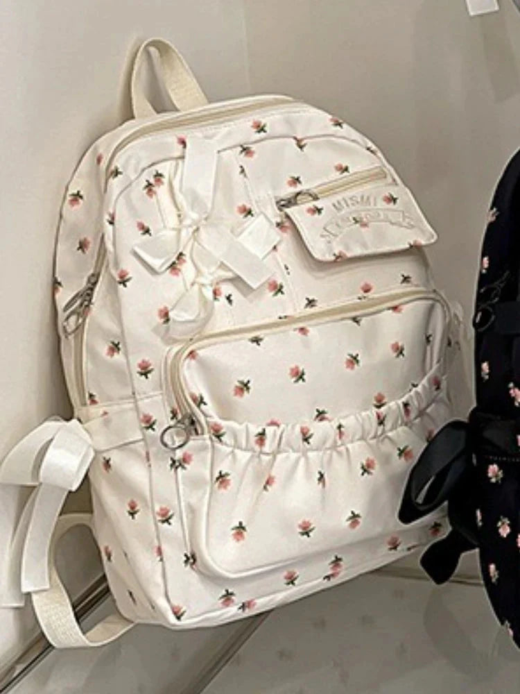 Korean Bow Chic Flower Print Backpack High-capacity Sweet Kawaii Schoolbags Casual Preppy Y2k Students Backpacks
