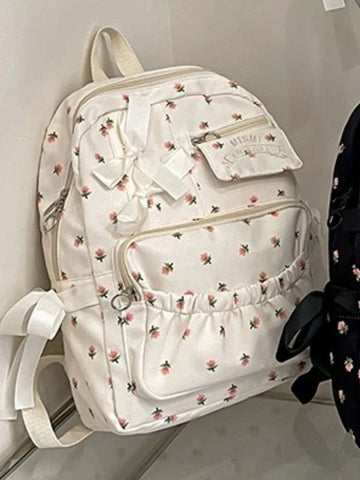 Korean Bow Chic Flower Print Backpack High-capacity Sweet Kawaii Schoolbags Casual Preppy Y2k Students Backpacks