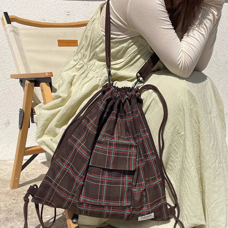 Drawstring Vintage Pleated Backpacks Y2k Aesthetic Plaid Grunge Shoulder Bags High-capacity Harajuku Handbags Crossbody