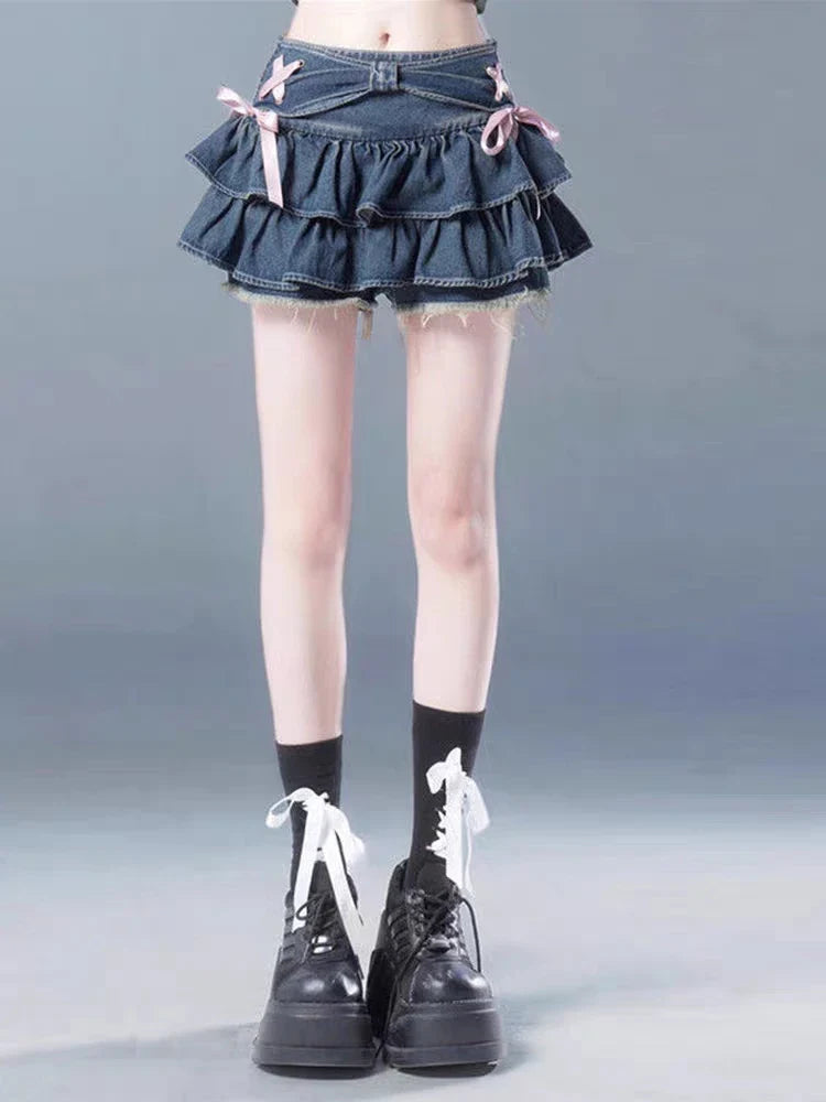 Voguable Blue Denim Pleated Skirt Y2K Aesthetic Sweet Pink Bow Lace Up Ruffles Cake Mini Skirts Harajuku Kawaii Short Skirt 90s
