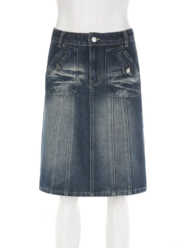 Voguable Vintage Blue Straight Denim Skirt American Retro Aesthetic Chic Stitch Cargo Mid Skirts Y2K Streetwear Grunge New