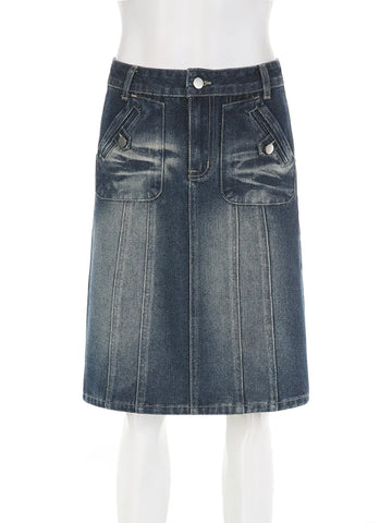 Voguable Vintage Blue Straight Denim Skirt American Retro Aesthetic Chic Stitch Cargo Mid Skirts Y2K Streetwear Grunge New