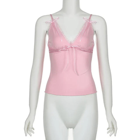 Voguable  Y2K Ribbons Bow Lace Patchwork Crop Top Pink Coquette Aesthetic Slim-fit V-neck Camis Ruched Kawaii Lolita Corset Women