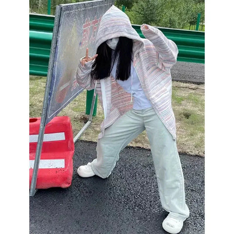 Japanese Y2k Rainbow Striped Kawaii Cardigans All Match Hooded Sweaters Loose Zipper Grunge Knitted Coat Pull Femme