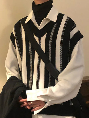 Knitted Sweaters for Y2k Vintage Waistcoat Man Clothes Striped Sleeveless Vest Aesthetic Black Korean Casual Cotton