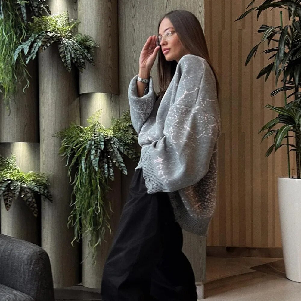 Sweater  and Winter Hollow Out Casual Loose Round Neck Printed Pullover Y2k Knit Tops for Women