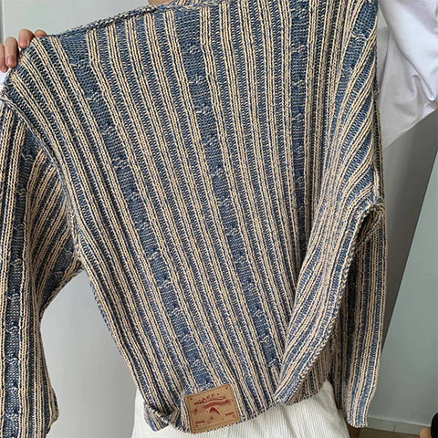 Fashionable Striped Knitting Sweaters Streetwear Y2K Loose O Neck Long Sleeve Knit T-shirts Vintage Sweater Tops