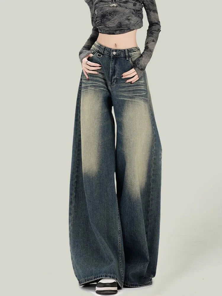 Streetwear Retro Jeans Loose High Waist Y2K Denim Pants Casual American Harajuku Fall FePockets Wide Leg Trousers New