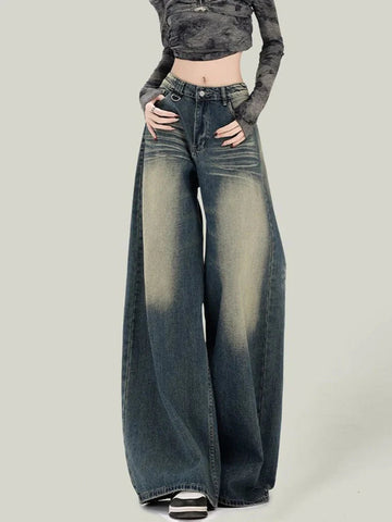 Streetwear Retro Jeans Loose High Waist Y2K Denim Pants Casual American Harajuku Fall FePockets Wide Leg Trousers New
