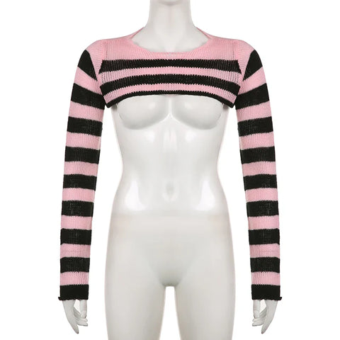 Voguable y2k Pink And Black Contrast Color Super-short Sweater Pullovers Dark Academia Cute Knitted Smock Tops Kawaii Jumper New