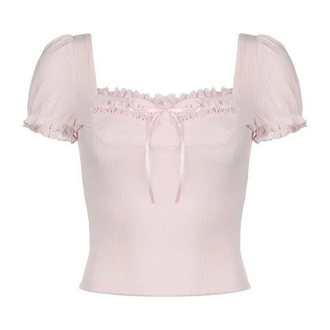 Voguable Cute Frill Lace Bow Decorate Top Puff Short Sleeve Square Collar T-shirts Y2K Aesthetic Tees Coquette
