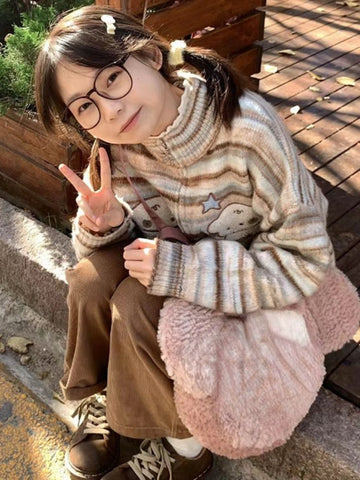 Y2k Aesthetic Japanese Knit Cardigan Kawaii Dog Embroidery Harajuku  Femme Striped Preppy Zipper y Womens