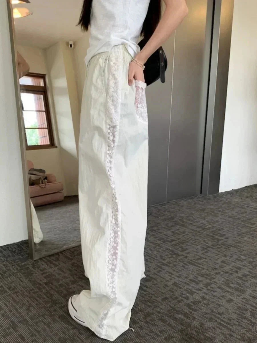 Sweet Lace Patchwork White Pants Y2K High Waist Preppy Thin Wide Leg Pants Korean Chic Loose Jogging Quick Drying Trousers New