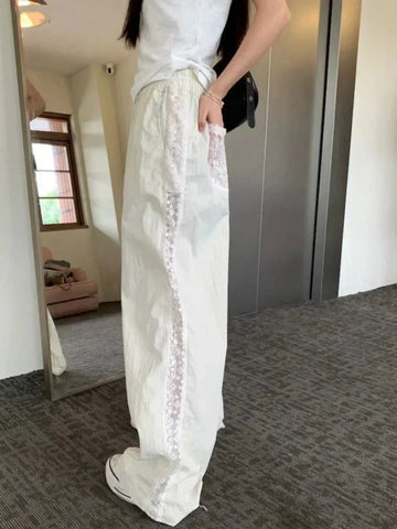 Sweet Lace Patchwork White Pants Y2K High Waist Preppy Thin Wide Leg Pants Korean Chic Loose Jogging Quick Drying Trousers New