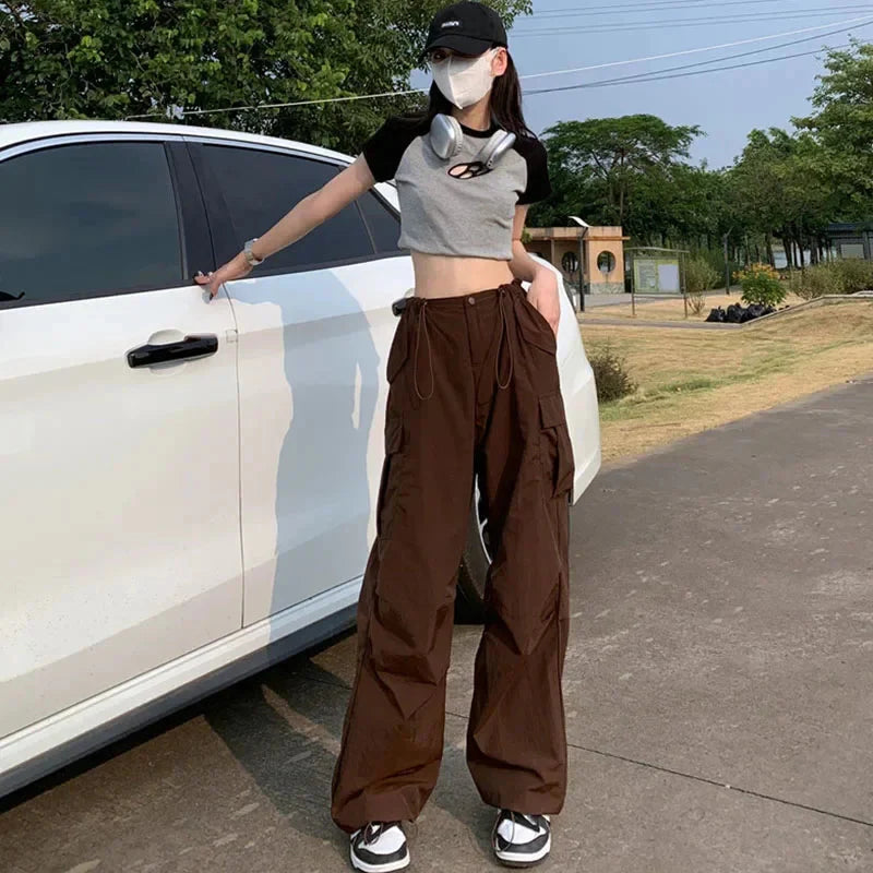Y2K Brown Drawstring Cargo Pants Vintage Hip Hop Streetwear Baggy Pocket Wide Leg Trousers Casual Straight Pants