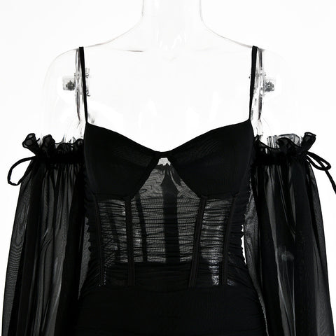 Voguable  Spaghetti Strap Long Lantern Sleeves Ruched Mini Dresses Woman Y2k Mesh Vintage Dress Club Party Vestidos