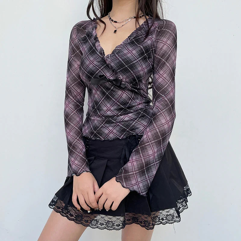 Voguable Y2K Plaid Double Layer Mesh Top Black Ruched V-neck T-shirts Fairy Grunge Long Sleeve Tops Vintage Sweet Bow Tees Fall
