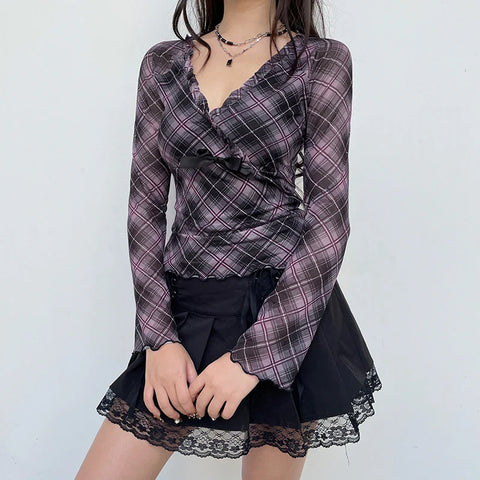 Voguable Y2K Plaid Double Layer Mesh Top Black Ruched V-neck T-shirts Fairy Grunge Long Sleeve Tops Vintage Sweet Bow Tees Fall