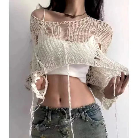 Boho Knitted T Shirt Y2k Hollow Out Loose FeCrop Tees Vintage Korean Ripped Long Sleeve Match Ladies Jumpers