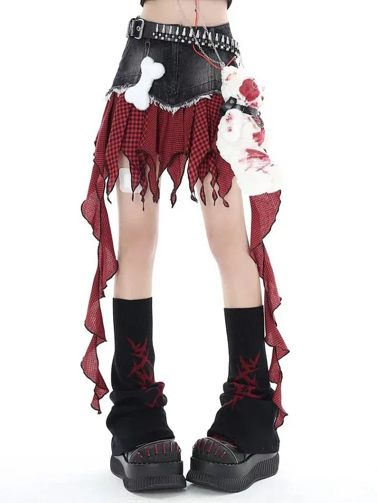 Voguable Patchwork Skirt Vintage Y2k Skirt Harajuku Korean Style Streetwear Elegant Lattice  A-line Mini Skirt