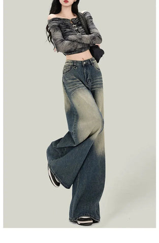 Streetwear Retro Jeans Loose High Waist Y2K Denim Pants Casual American Harajuku Fall FePockets Wide Leg Trousers New
