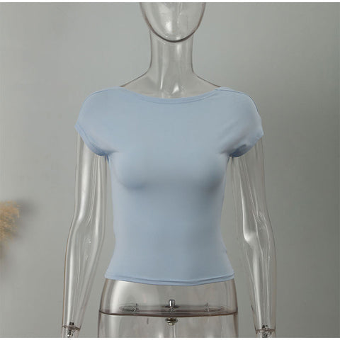 Voguable Cut Out Backless Cropped Top Woman Solid Short Sleeve Skinny Y2K Tops Multi Ways Wear Basic T-shirt