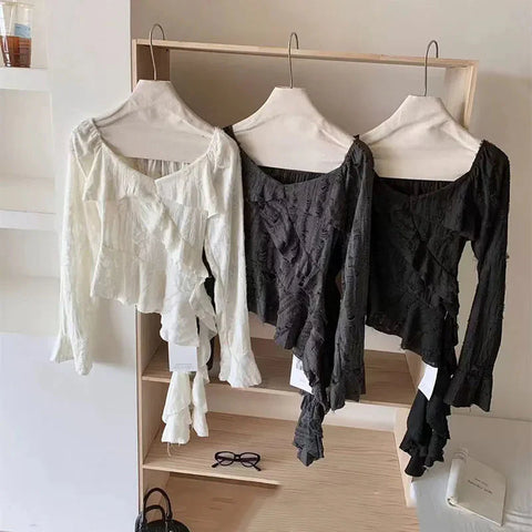 Irregular Patchwork T Shirts Y2K Gothic Ruffled Sleeve FeTops Streetwear Hollow Out Hole Casual Tees New