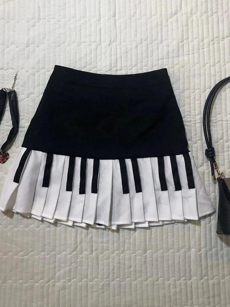 Vintage Y2K Pleated Skirt High Waist Piano Patchwork Streetwear Skirts Casual American Hip Hop Gothic Mini Skirts New