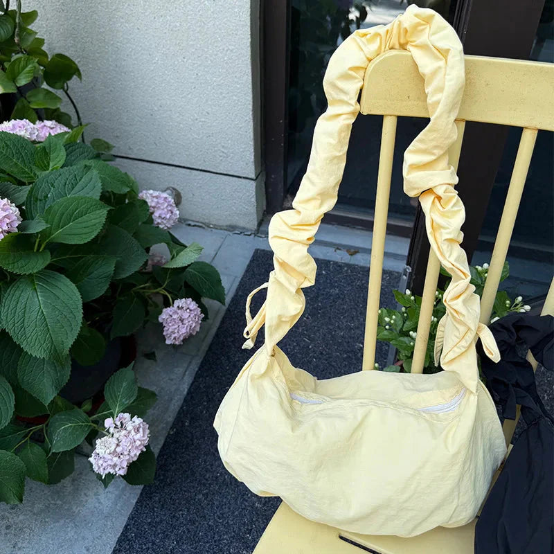 Korean Casual Pleated Drawstring Handbags Simple Solid Crossbody Bag Sweet Y2k Aesthetic Office Lady Shoulder Bags